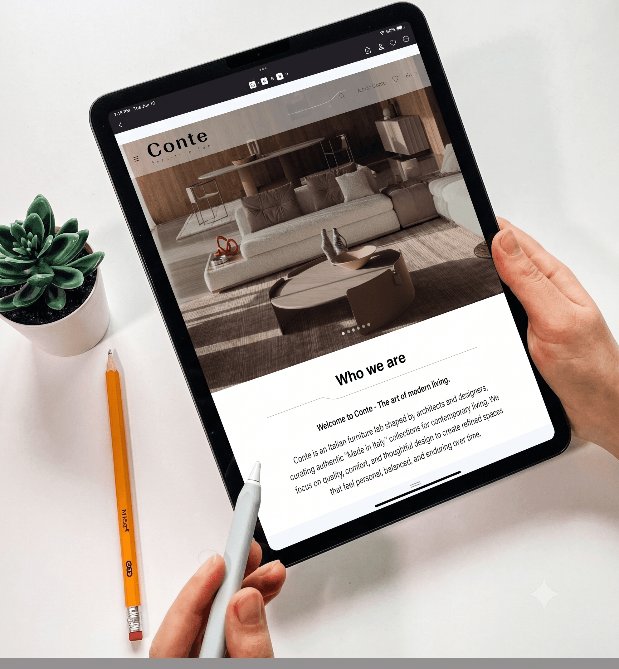 Giao diện website Conte Furniture Lab trên máy tính bảng